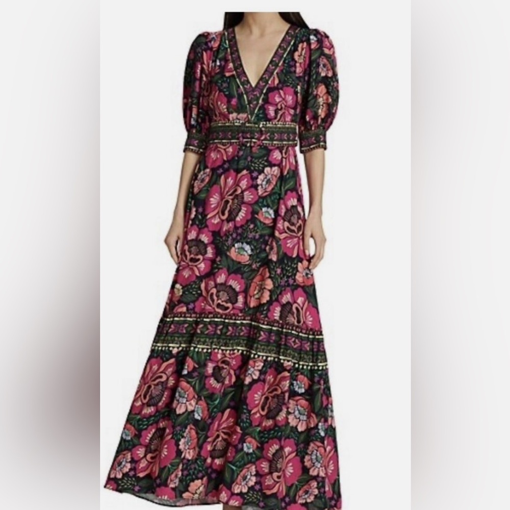 NWT FARM Rio Flowers Garden Black dress. Medium. Belted. Maxi v neck